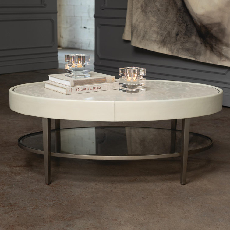 Ivory and Gray Oval Wood Metal Glass Coffee Table