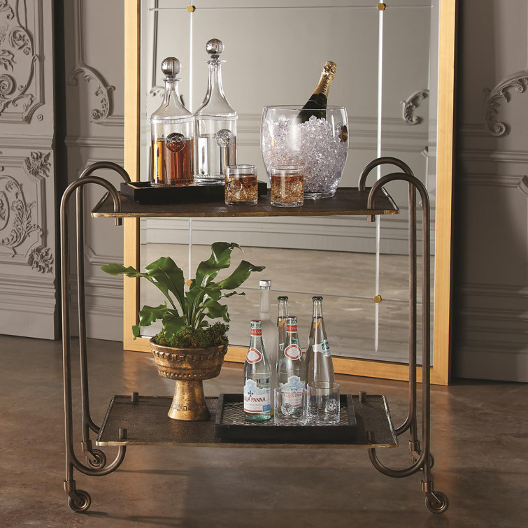 Regan Aged Brass and Dark Bronze Textured Metal Bar Cart with Casters