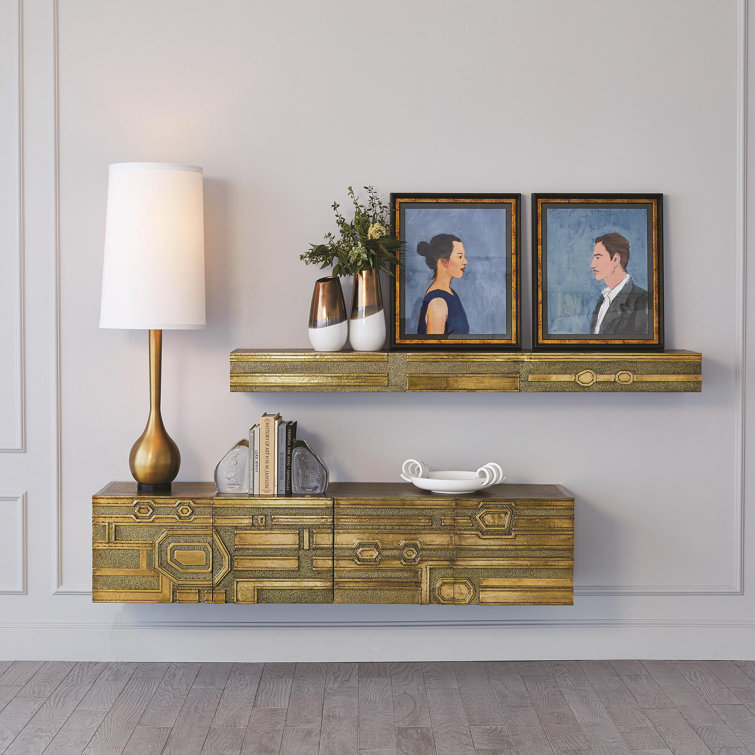 Abstract Geometric Brass-Clad Floating Cabinet with Adjustable Shelving
