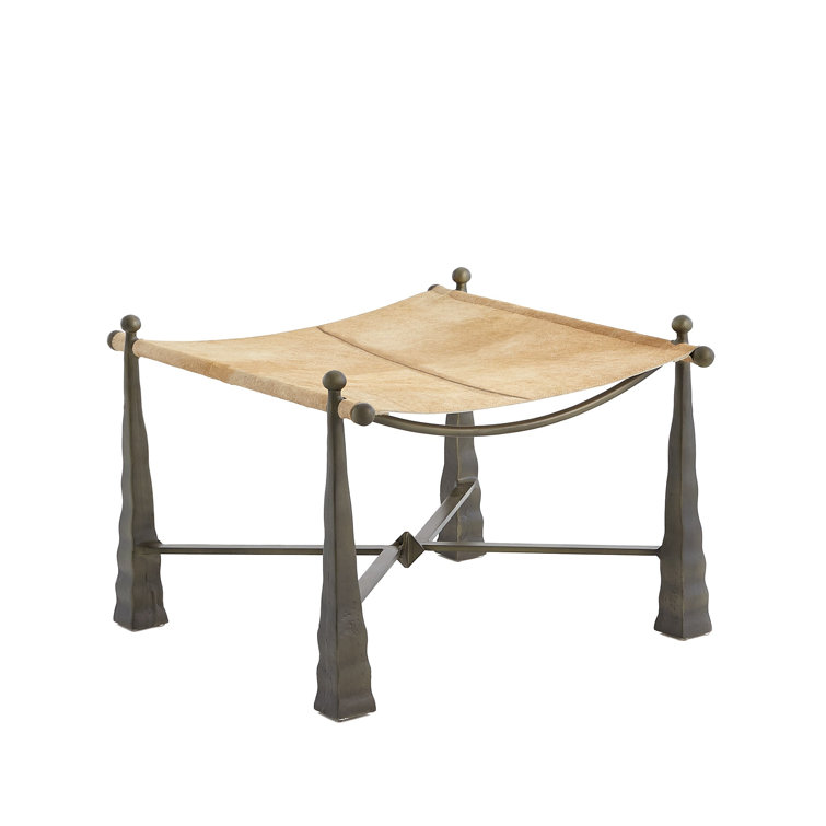 Camel Black Genuine Leather Metal Ottoman in Dark Bronze