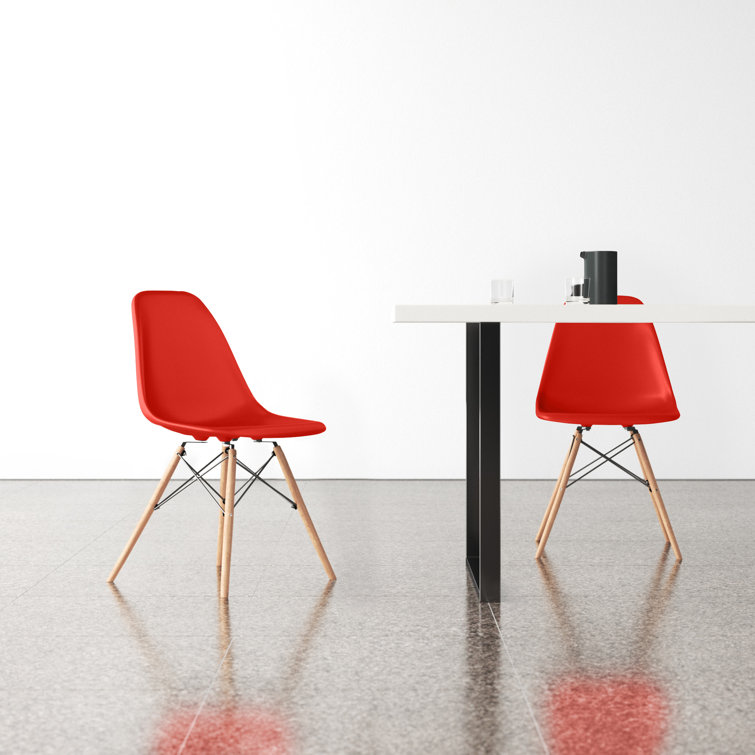 Red Plastic Bucket Seat Side Chair with Walnut Legs, Set of 2
