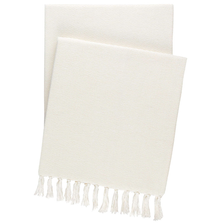 Logan Dove White Pure Cotton Knotted Fringe Throw Blanket