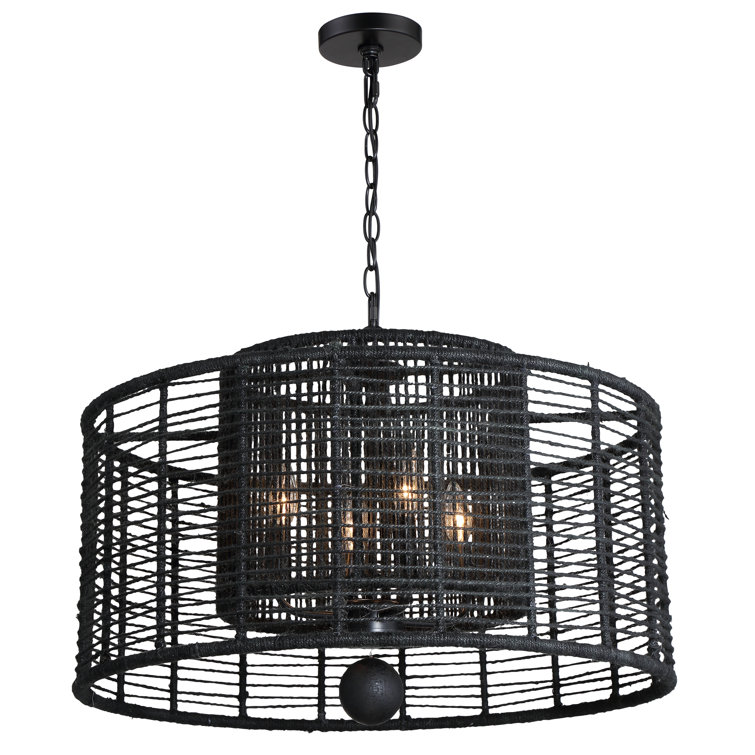 Matte Black Drum Filigree 4-Light Chandelier