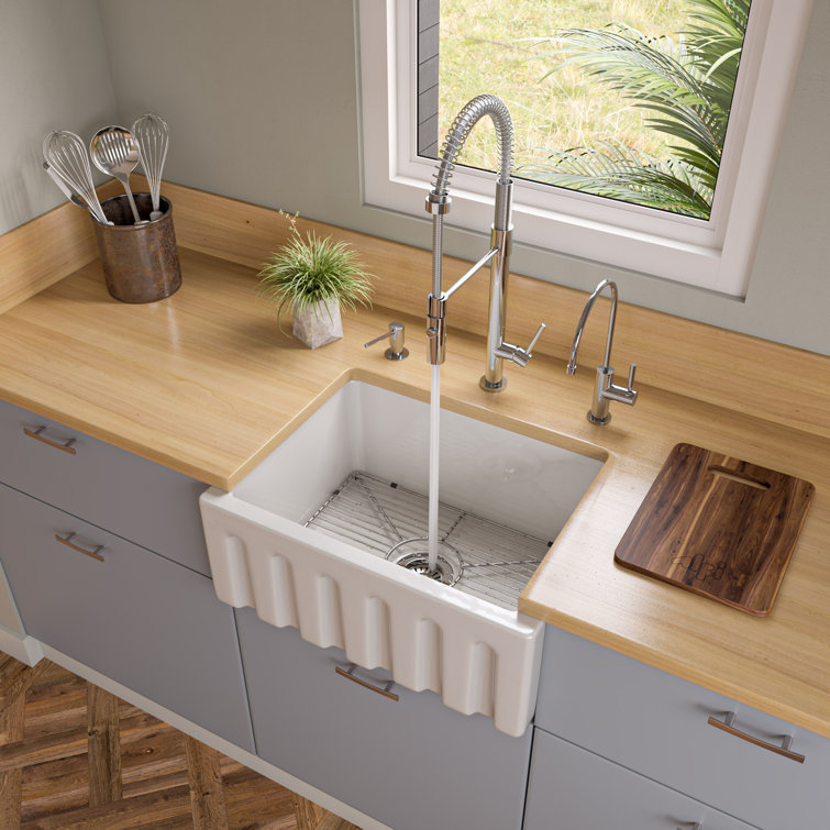 24'' White Fireclay Farmhouse Drop-In Single Bowl Sink
