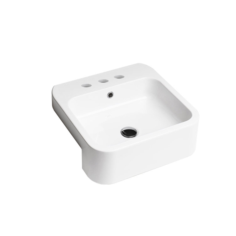 Glossy White Ceramic Square Bathroom Sink with Overflow