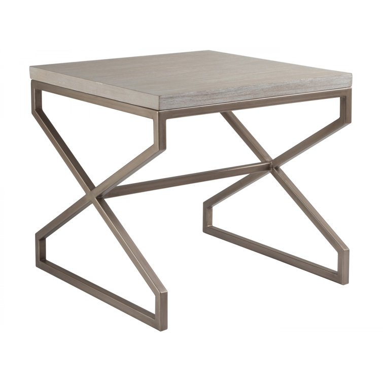 Transitional Bianco Square End Table with Mahogany Veneers and Metal Base