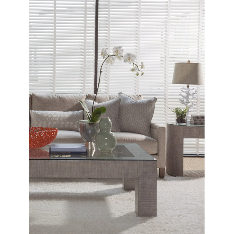 Gray Glass Top Rectangular Cocktail Table with Raffia Base