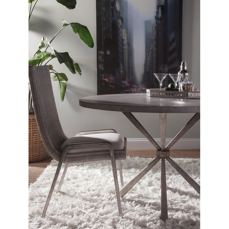 Transitional Beige Woven Wicker Side Chair with Silver Leaf Frame