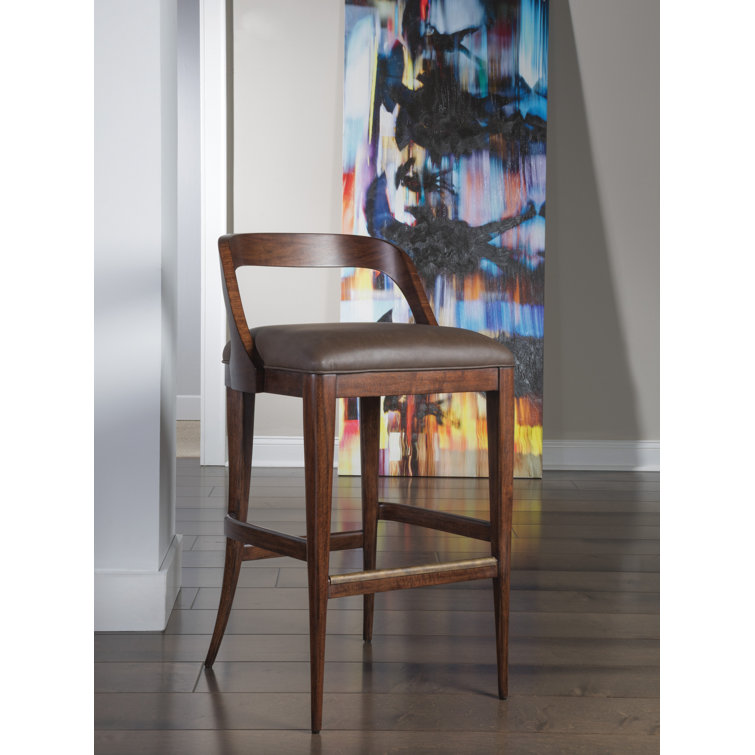 Walnut Finish Traditional Low Back Bar Stool in Brown Leather