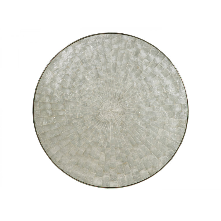 36" Transitional Silver Metal Round Cocktail Table with Capiz Inlay