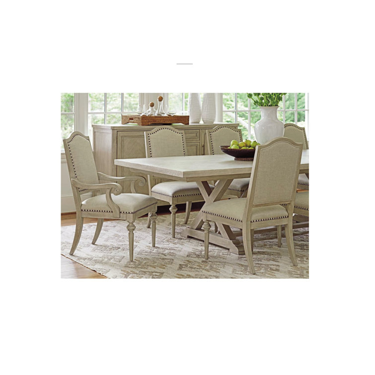 Contemporary Linen Beige Upholstered Side Chair with Smoked Nickel Details