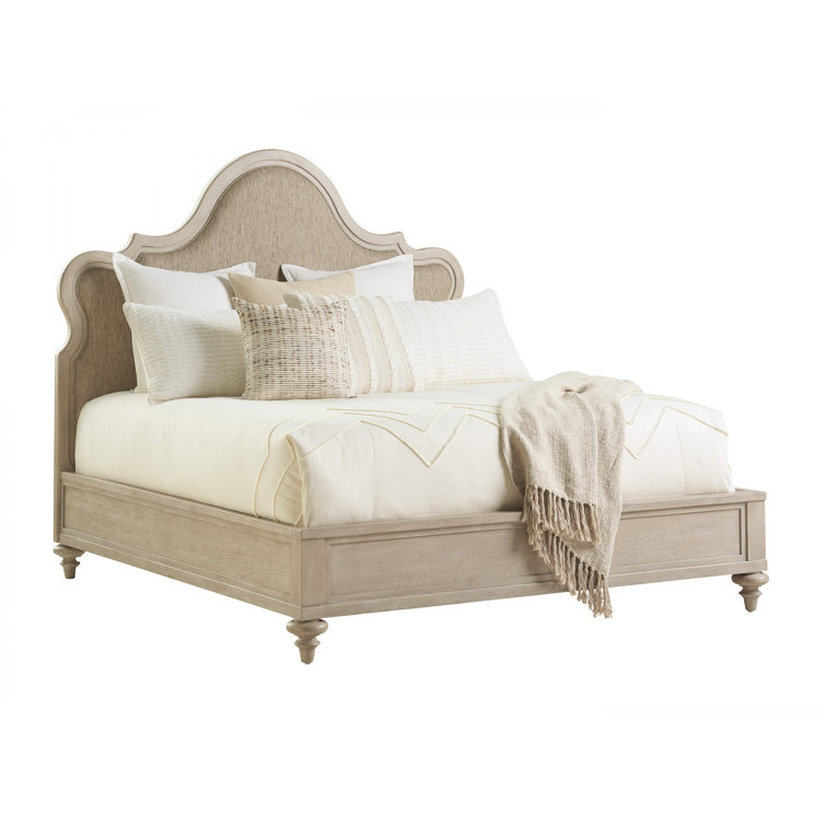 Scandinavian White Washed Wood King Bed with Upholstered Headboard