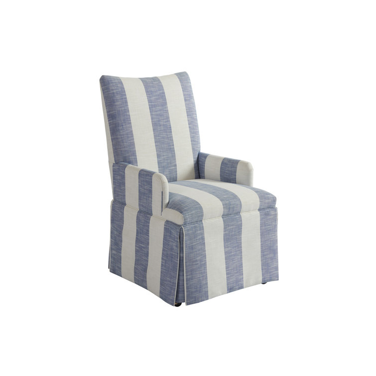 Blue and Beige Striped Upholstered Arm Chair with Wood Frame