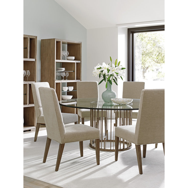 Clear Glass Round Extendable Dining Table with Metal Pedestal Base