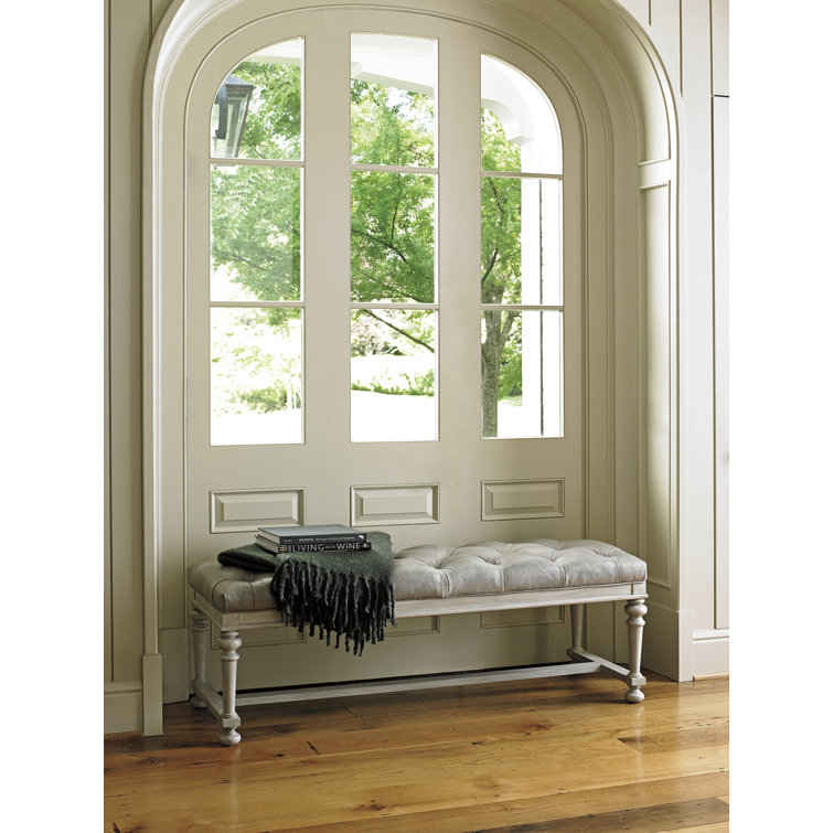 Bellport 20'' Gray Aniline Leather Tufted Bed Bench with Turned Legs