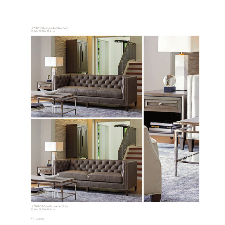 Brown Tufted Leather Sofa with Nailhead Trim and Wood Legs