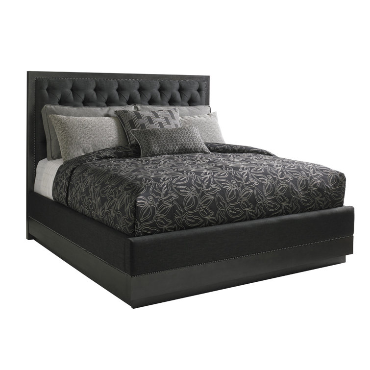 Charcoal Gray Diamond-Tufted Queen Bed with Nailhead Trim and Storage