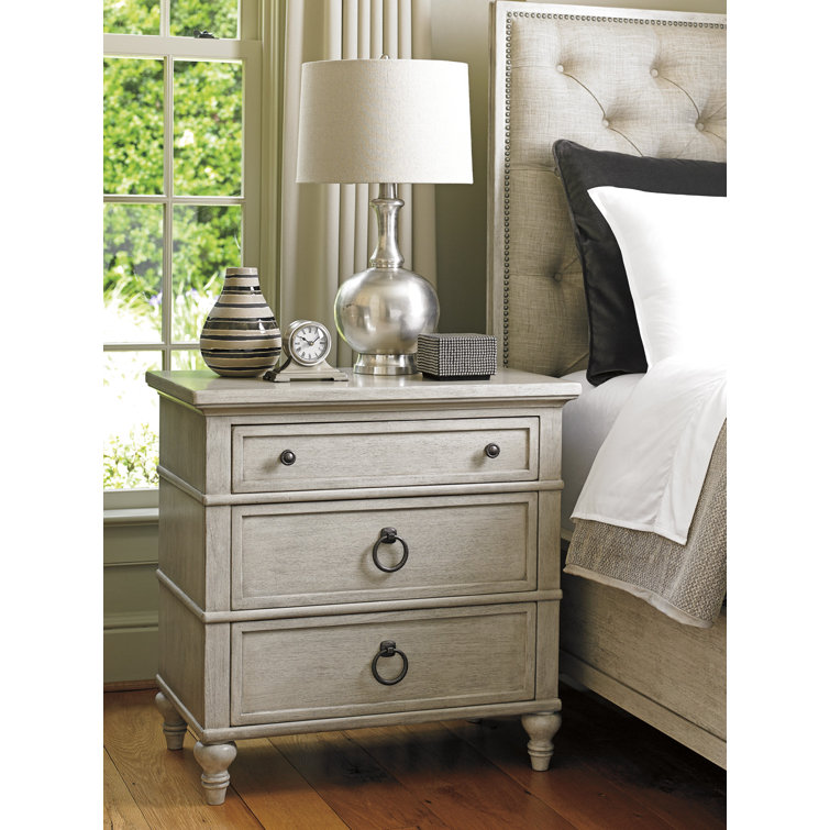 Transitional Cream Mahogany 3-Drawer Nightstand with Decorative Pulls