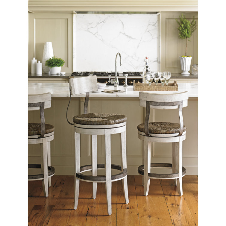Transitional Cream Swivel Bar Stool with Metal Back Support