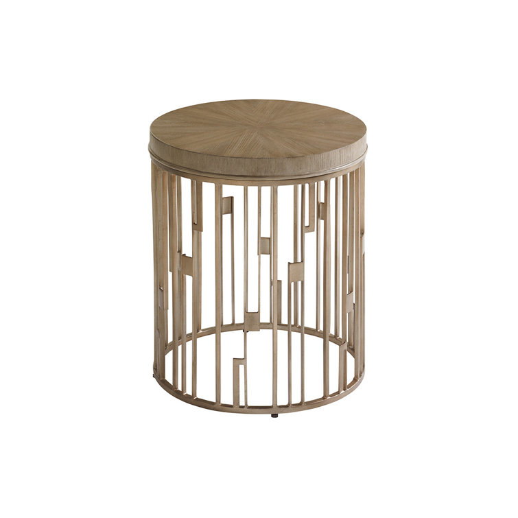 Beige Round Wood and Metal Accent Table