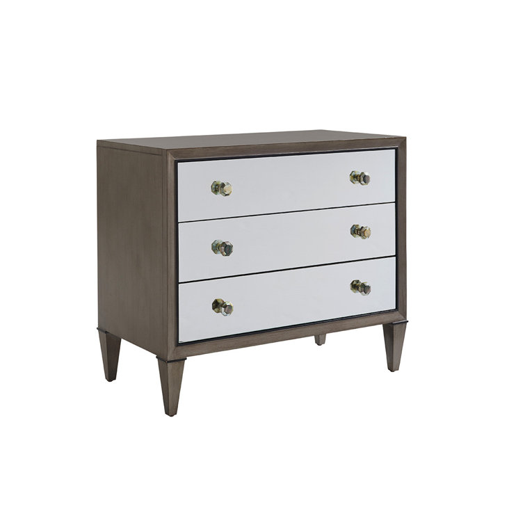 Transitional Brown and Silver Mirrored 3-Drawer Nightstand