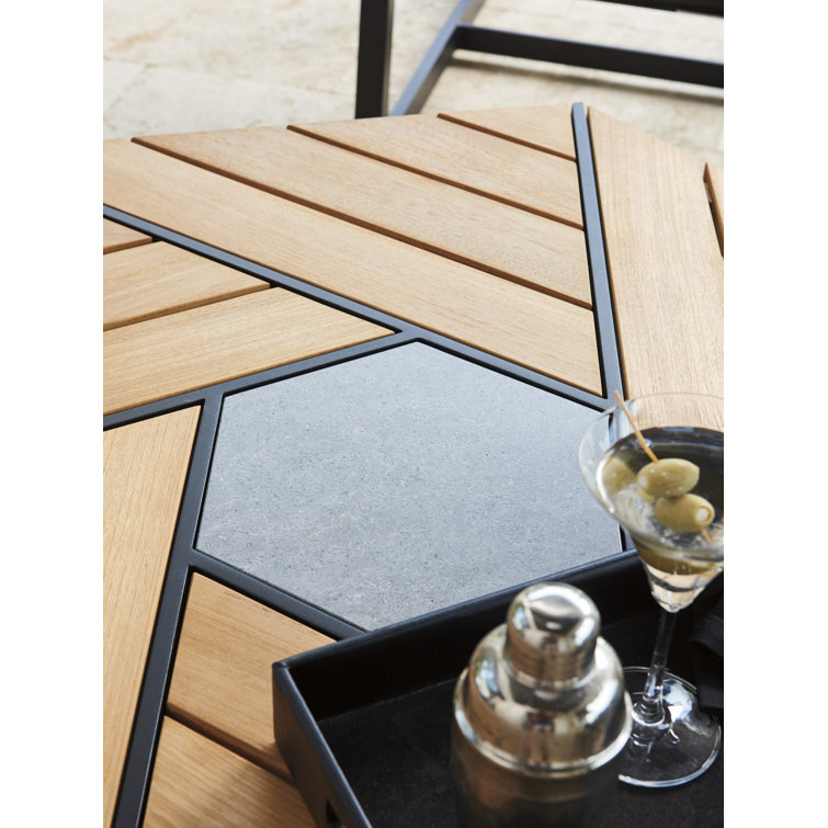 Hexagonal Black and Teak Outdoor Cocktail Table