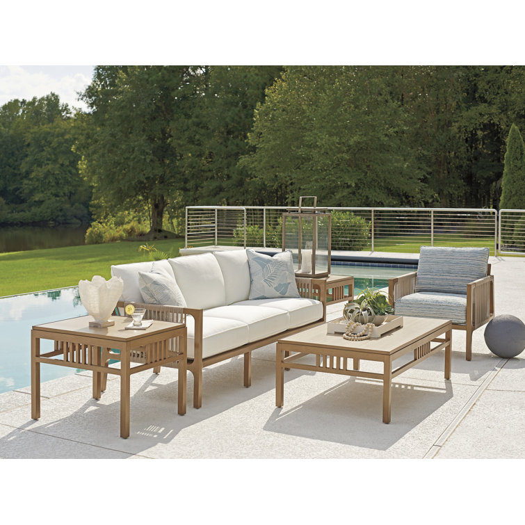 Teak and Blue Cushioned Lounge Dining Chair