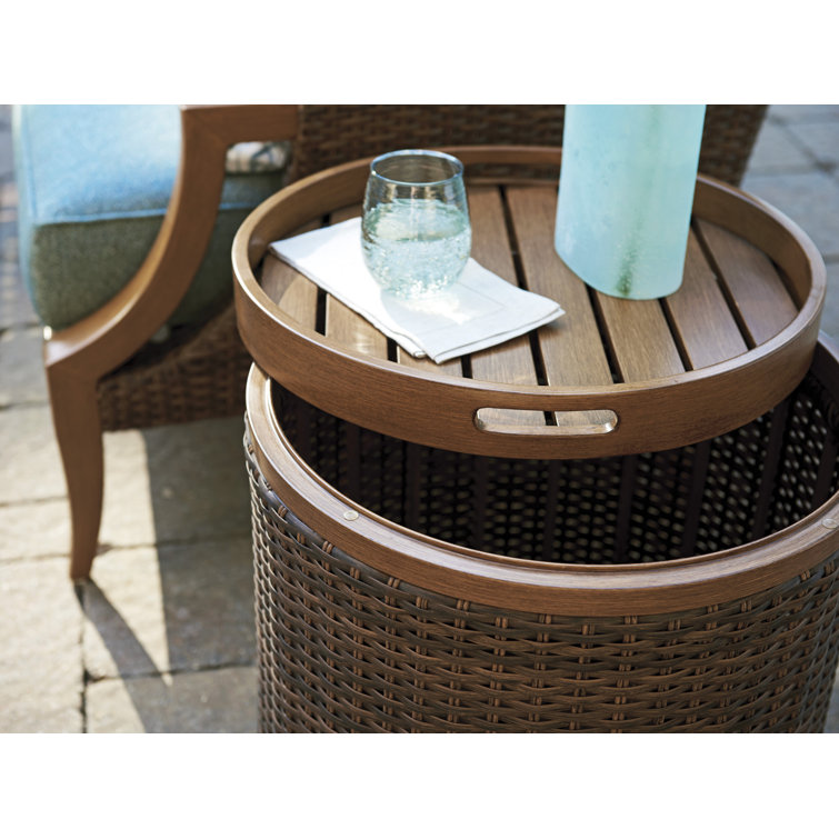 Brown Wicker Round Chairside Table with Removable Tray