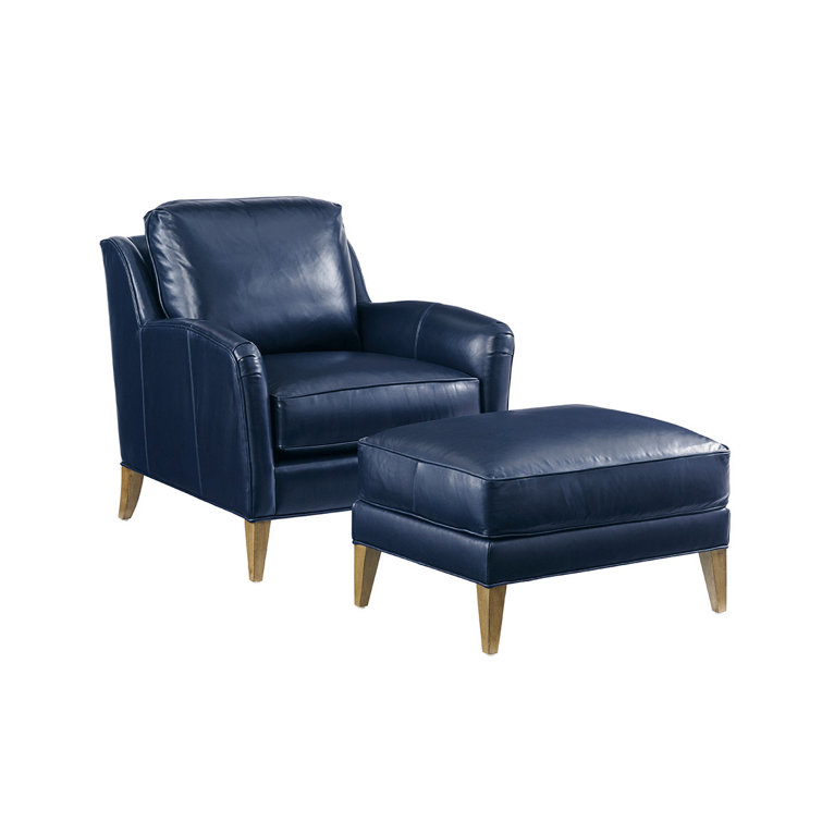 Blue Leather Accent Chair with Wooden Legs