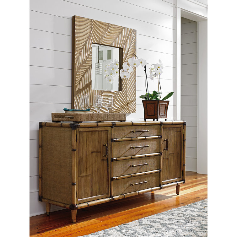 Brown Wood Square Mirror with Carved Palm Frond Motif