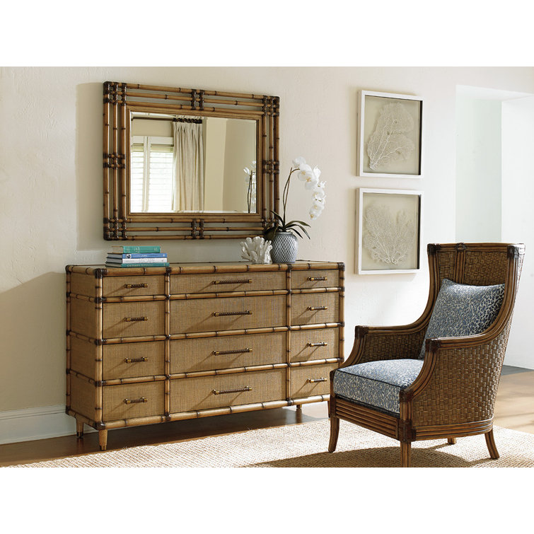 Twin Palms 68" Brown Coastal Woven Raffia 12-Drawer Dresser