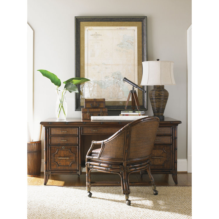 Brown Rattan Transitional Home Office Desk with 4 Drawers