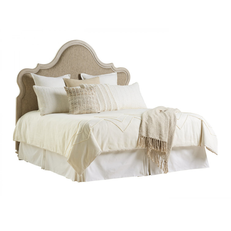 Scandinavian White Washed Wood King Bed with Upholstered Headboard