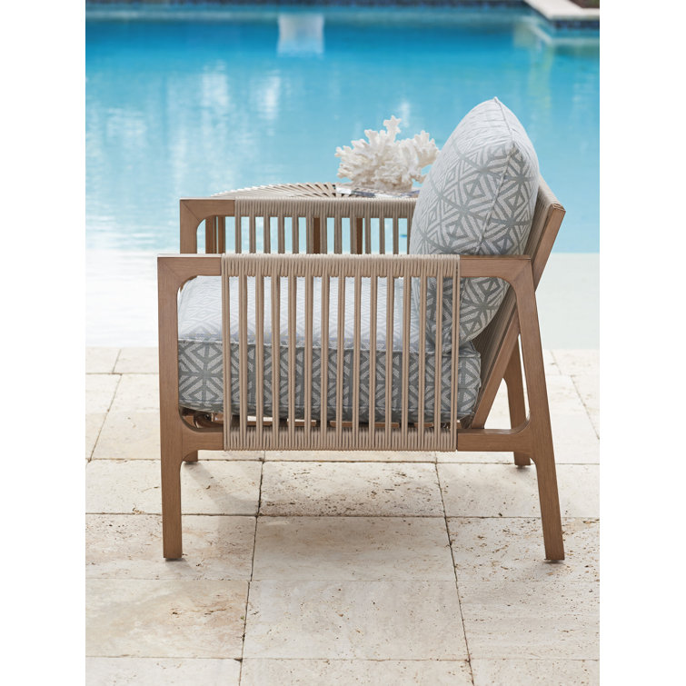 Teak and Blue Cushioned Lounge Dining Chair