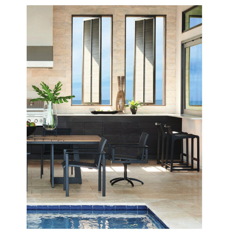 South Beach Sleek Black Aluminum and Teak Swivel Dining Armchair