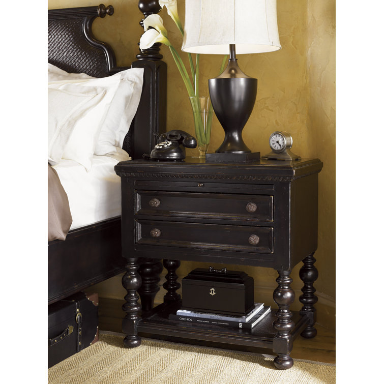 Traditional Black 2-Drawer Nightstand with British Colonial Flair