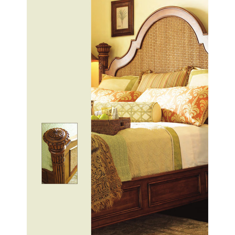California King Coastal Brown Wood Poster Bed with Upholstered Headboard