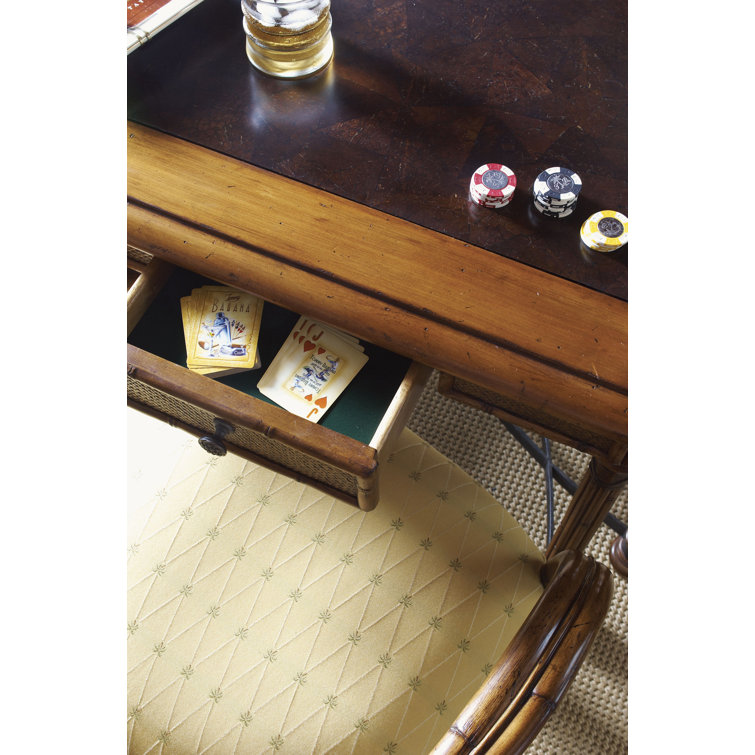 Elegant Traditional Leather-Top Game Table with Rattan Drawers, Brown