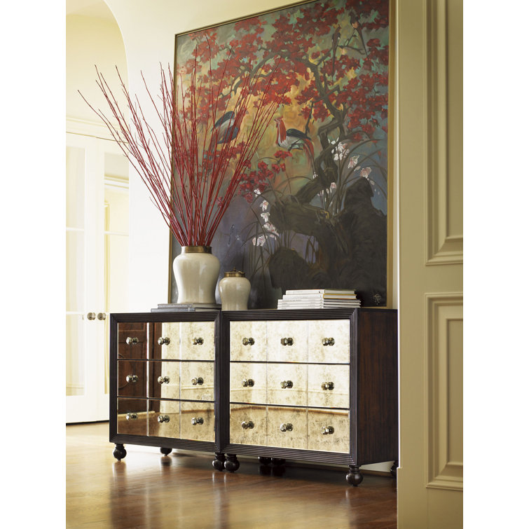 Traditional Brown 3-Drawer Mirrored Nightstand