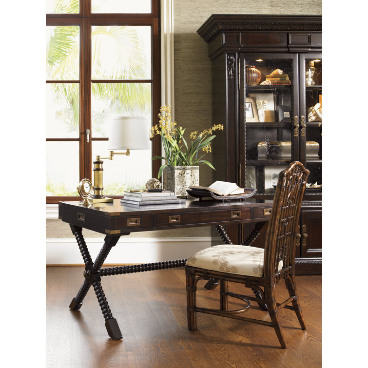 Transitional Golden Tortoiseshell Rattan Side Chair with Coral Seat