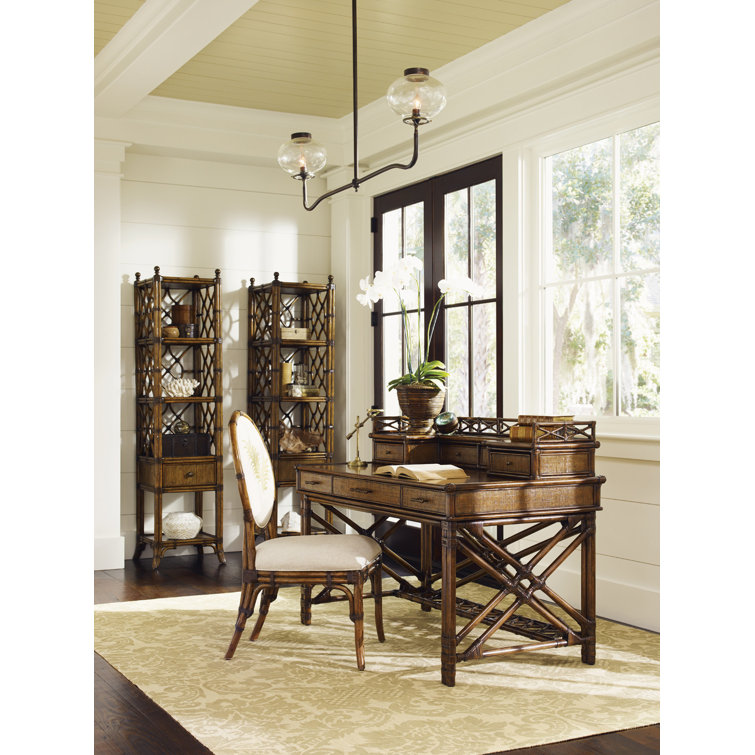 Transitional Brown Leather-Wrapped Rattan Etagere with Pencil Accents