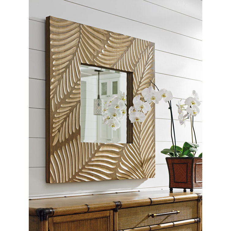 Brown Wood Square Mirror with Carved Palm Frond Motif