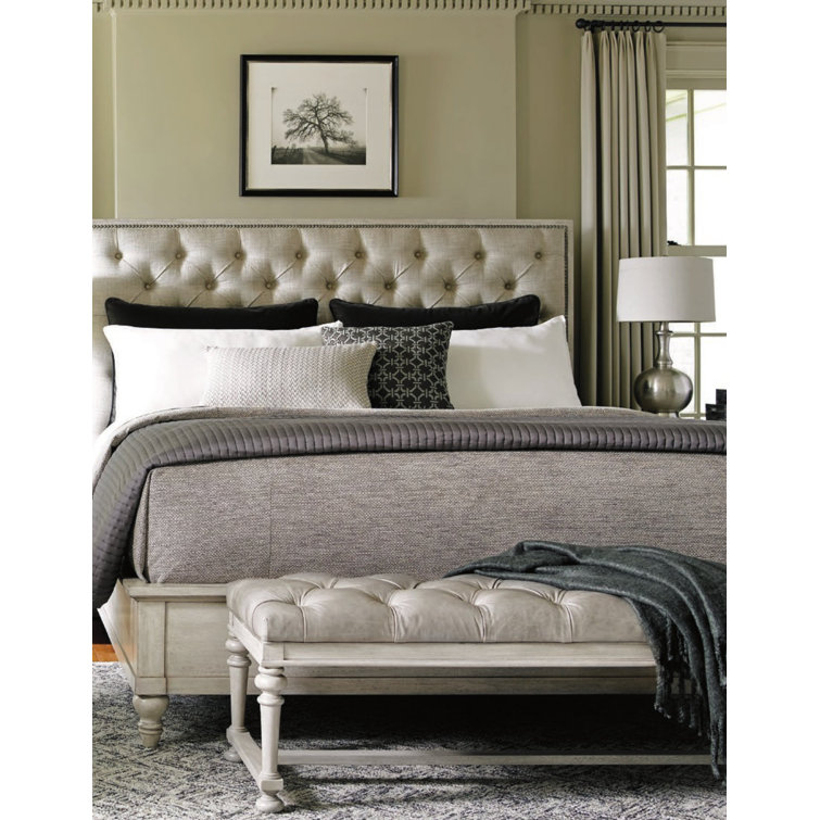 Bellport 20'' Gray Aniline Leather Tufted Bed Bench with Turned Legs