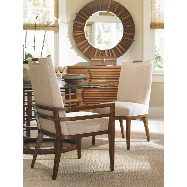 Cresting Waves Beige & Gold Upholstered Wood Arm Chair