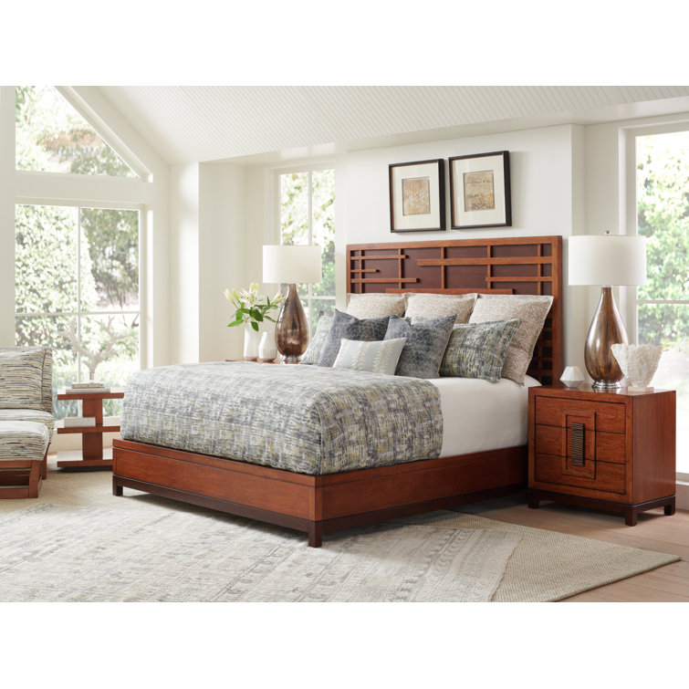 Transitional Shanghai Wood Queen Panel Bed with Upholstered Headboard