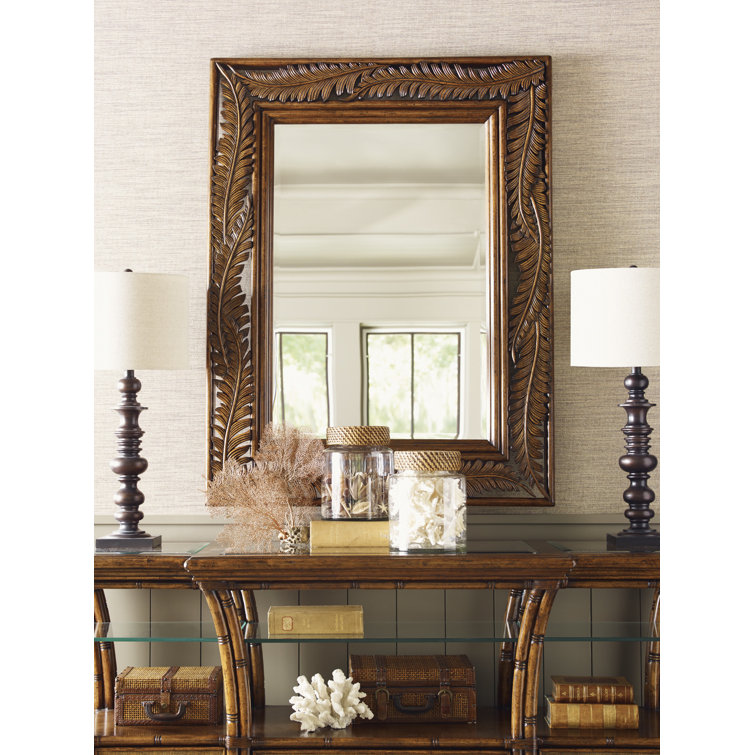 Transitional Brown Wood and Leather Rectangular Mirror