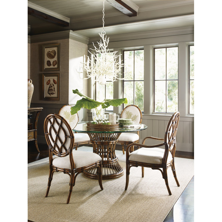 60" Round Brown Glass Dining Table with Rattan Base