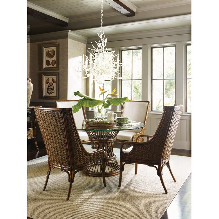 60" Round Brown Glass Dining Table with Rattan Base