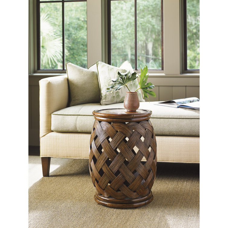 18" Brown Wood Round Accent Table with Woven Rattan Base