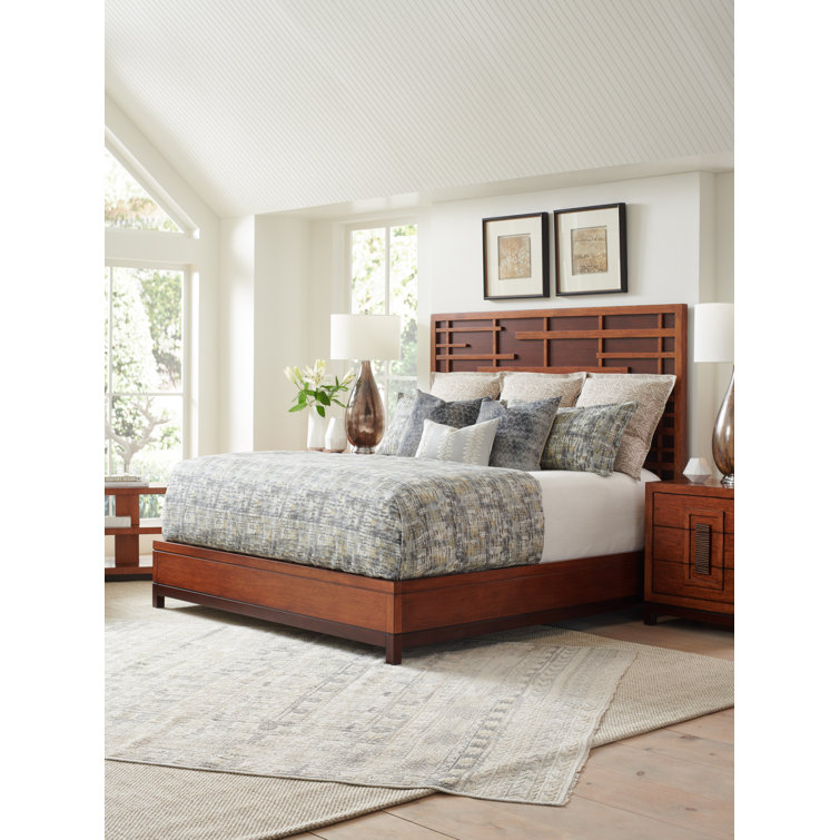Transitional Shanghai Wood Queen Panel Bed with Upholstered Headboard
